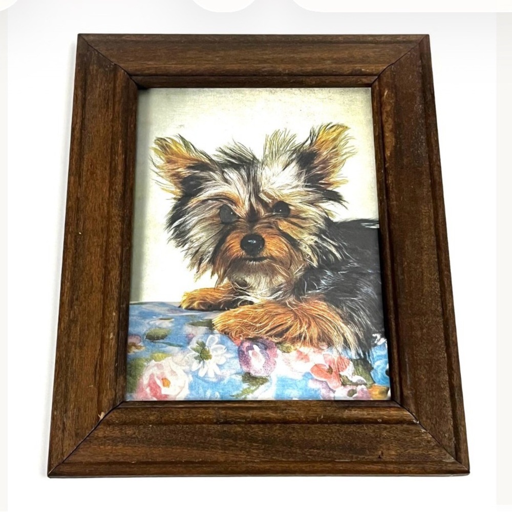 Framed iridescent Yorkshire Terrier Wall Art in Brown Wood Frame